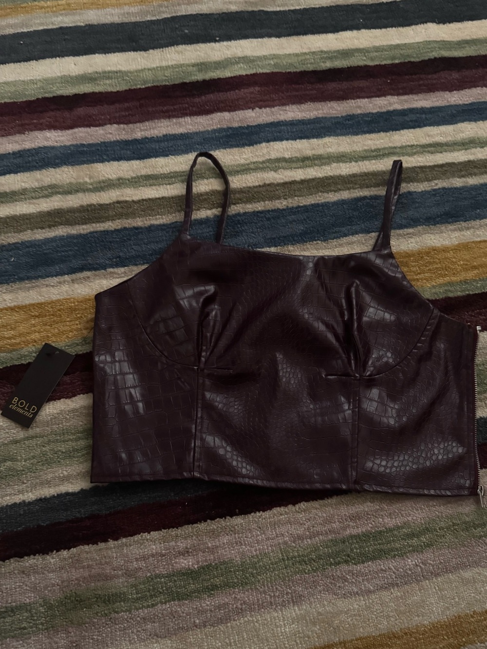Cropped Faux Leather Croc-Embossed Burgundy Tank